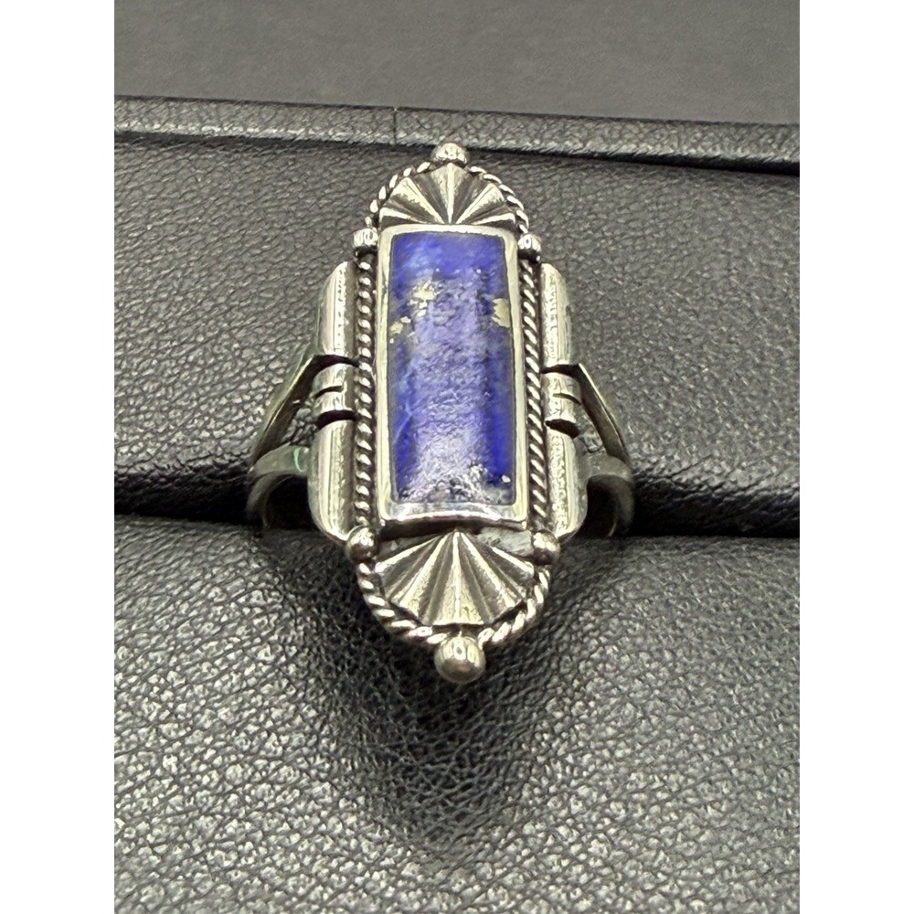 New Condition Sterling Silver Lapis Art Deco Ring Size 9 J23